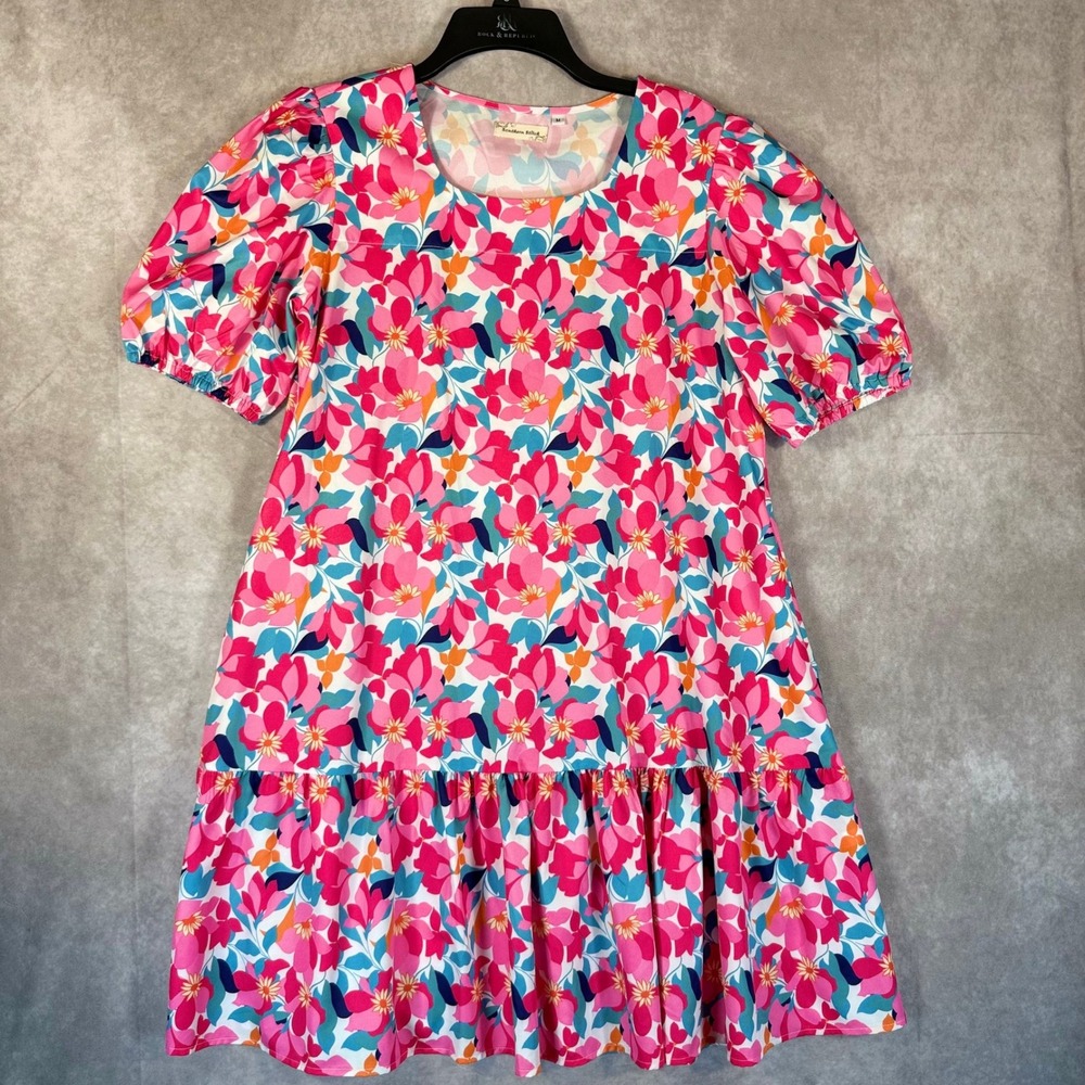 Southern Stitch Dress Women Medium Pink Floral Puff Sleeve Tiered Ruffle Mini